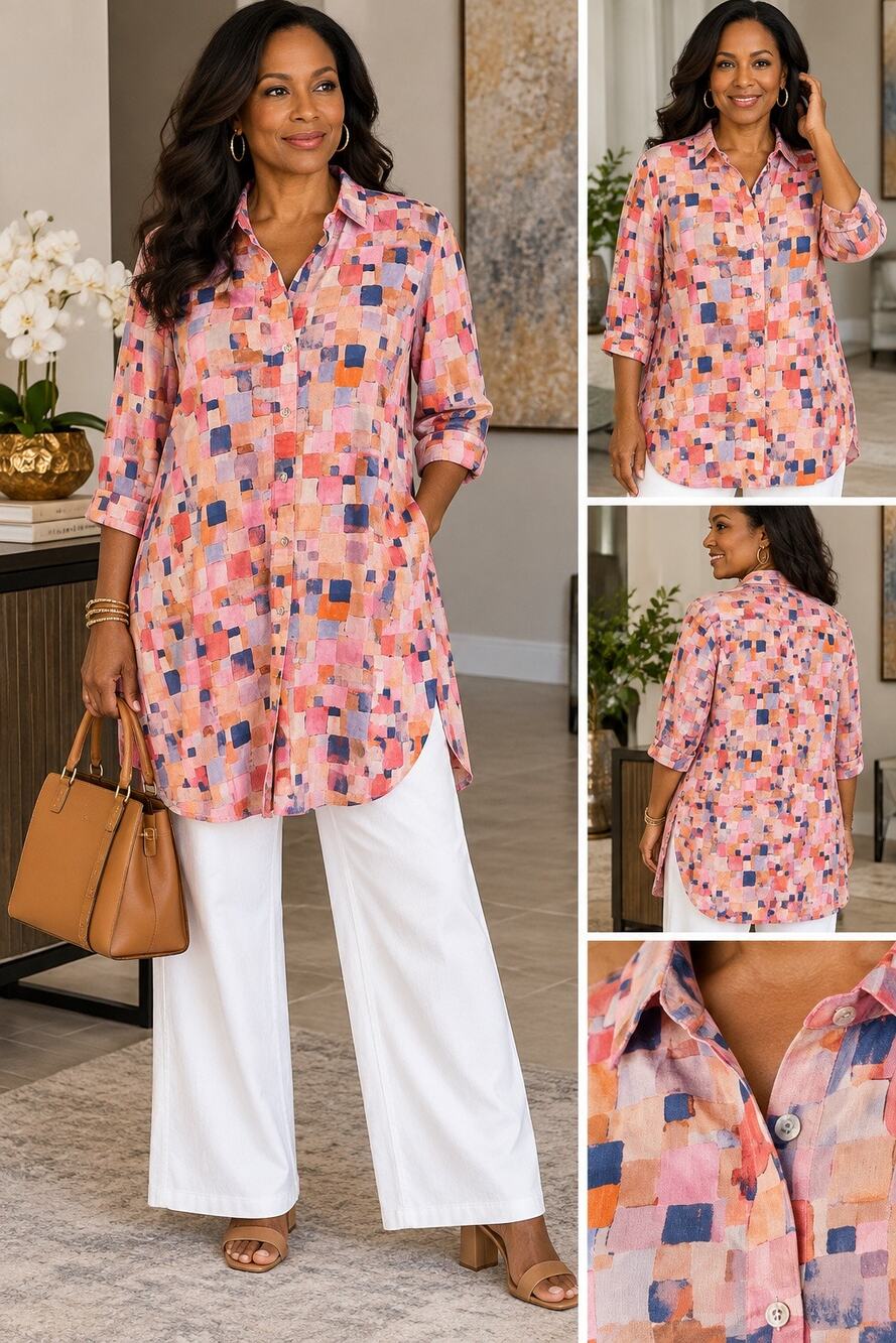 NIC+ZOE Multicolor Abstract Art to Wear Longline Tunic Shirt M